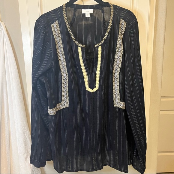 J Jill Top Womens Large Black Stripe Crochet Trim Long Sleeve Boho Peasant Beach - Picture 1 of 10